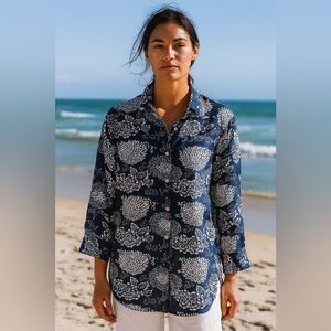 Soft Surroundings Blue Floral Linen Blend Button Down